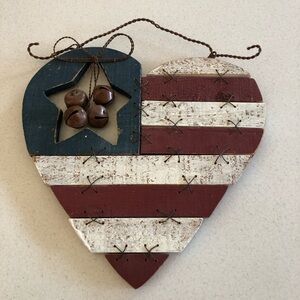 Primitive Americana Decor. Rustic Wooden Heart Shape Patriotic Flag w/ Bells